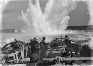 Depth charge explosion off the stern of HMNZS Arabis, Hauraki Gulf December 1944. Image was published in the Auckland Weekly News 06/12/1944. Image: 2013.70.5278 Depth charge explosion off the stern of HMNZS Arabis, Hauraki Gulf December 1944. Image was published in the Auckland Weekly News 06/12/1944.