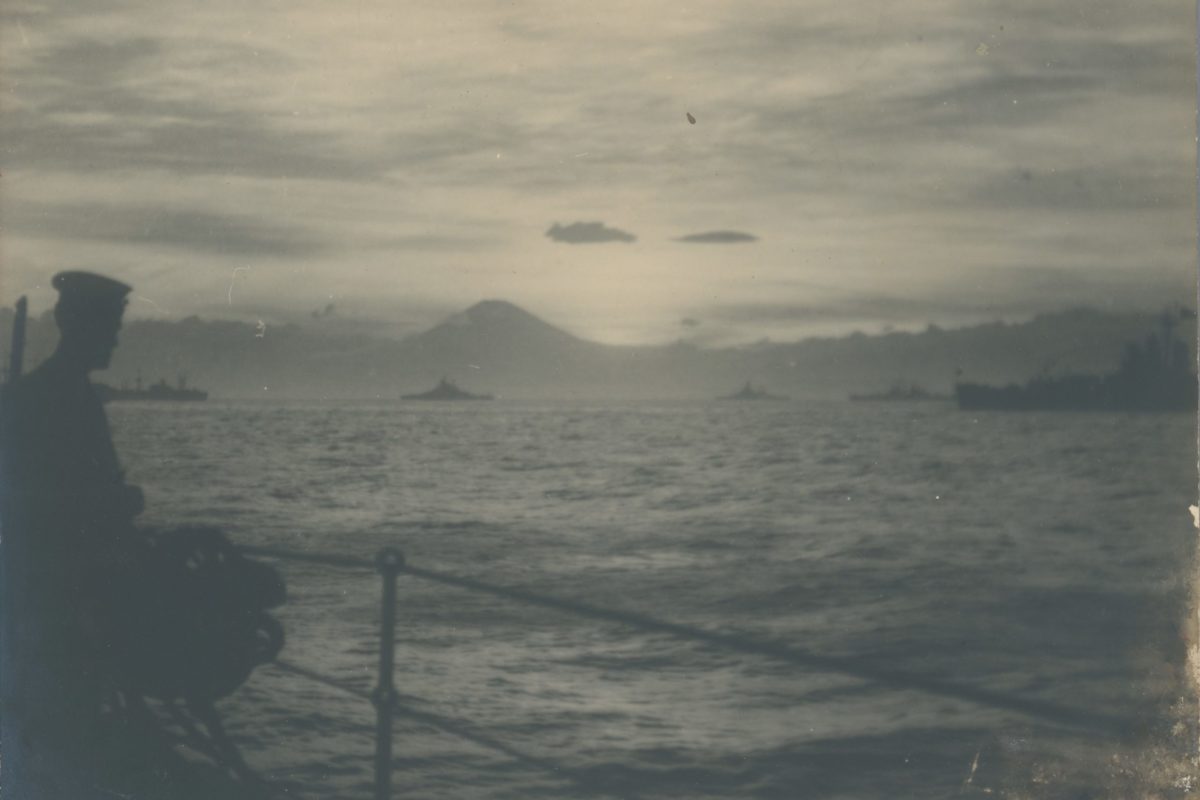 AAI 0021 Tokyo Bay taken from HMNZS Gambia at sunset on the day of the signing of the surrender.