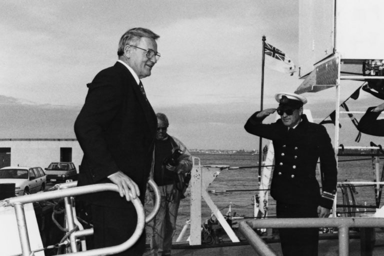PM Jim Bolger on HMNZS Tui prior to her departure to Mururoa