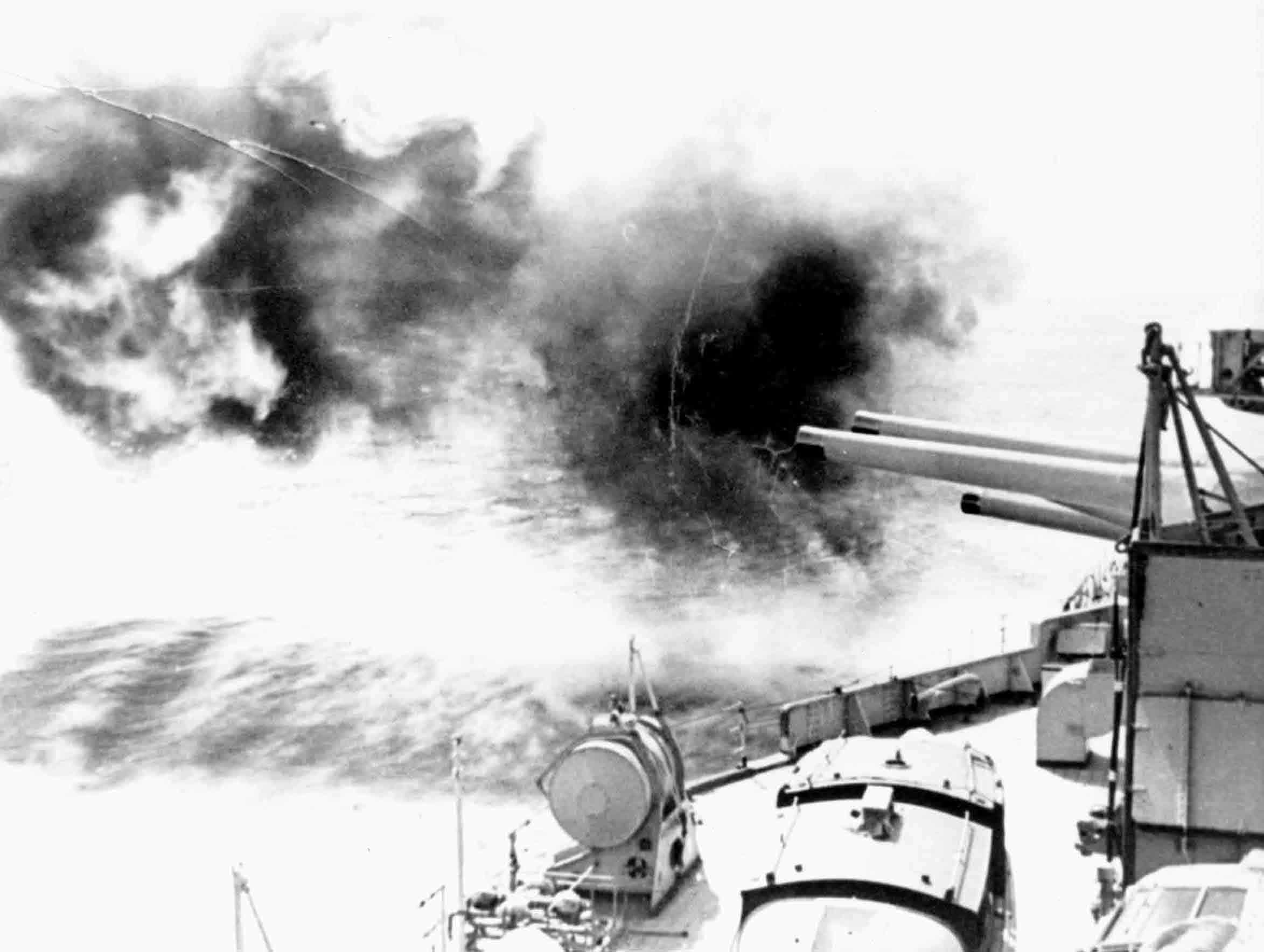 HMS Achilles X and Y turrets in action