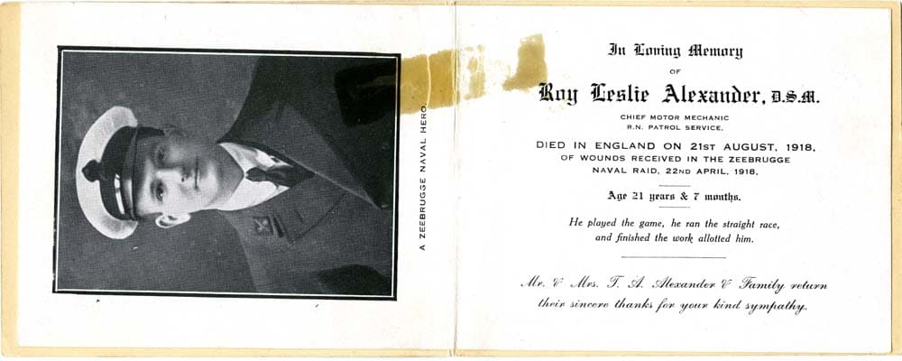 Sympathy acknowledgement card in respect of CMM Roy Alexander DSM, who died of wounds received during raid on Zeebrugge