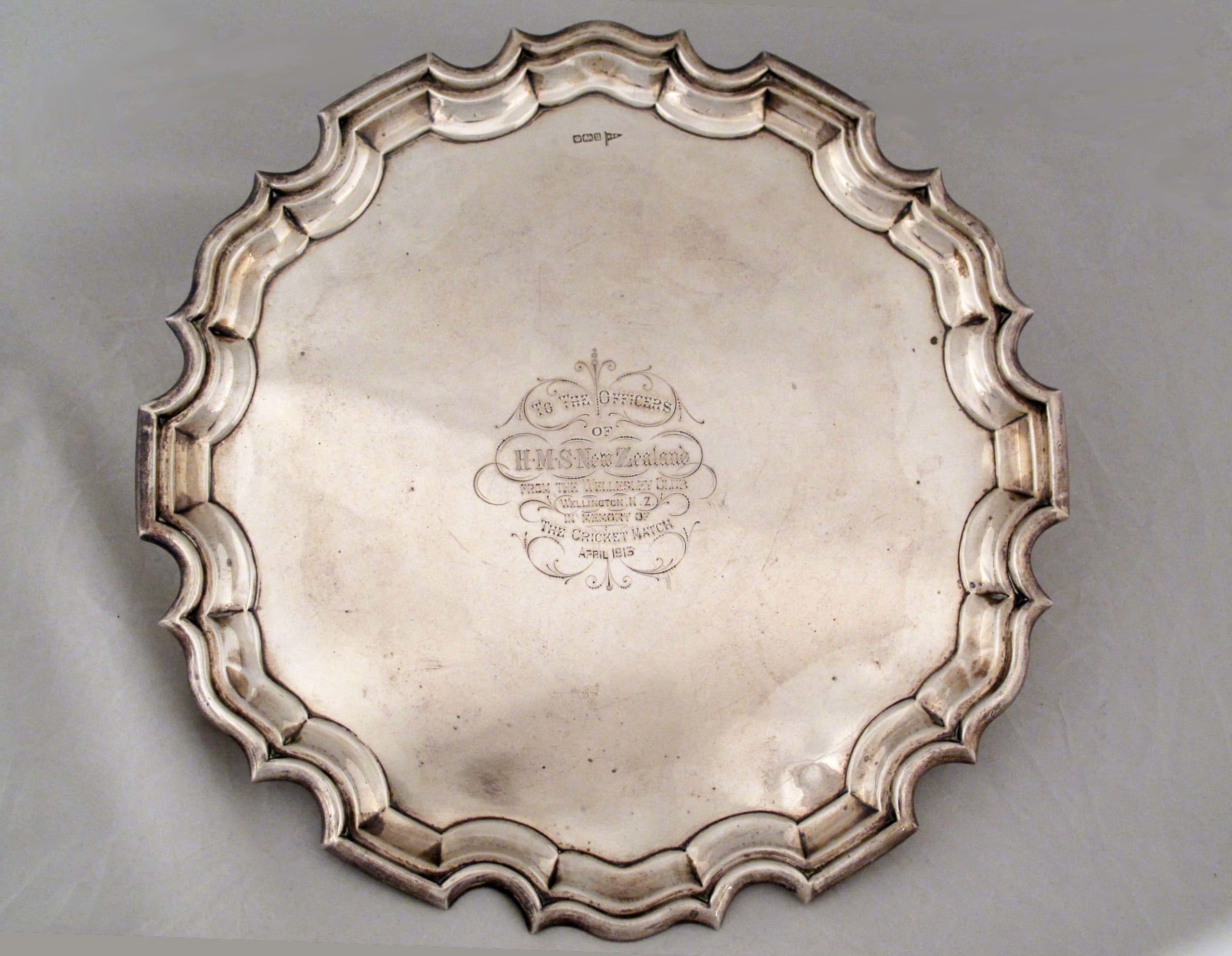 FT-0328-iii Silver salver with scalloped and turned up edges presented to HMS New Zealand.