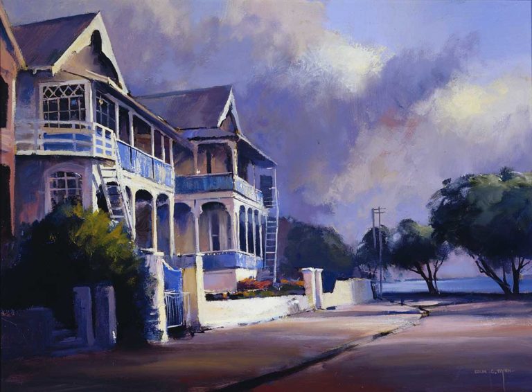 After being used as temporary barracks for the newly established Women's Royal New Zealand Naval Service (WRNZNS) in the Second World War, the Ventnor Hotel along King Edward Parade was purchased by the Royal New Zealand Navy in 1951. It was purchased as permanent accommodation for the WRNZNS and christened Elizabeth House after Princess Elizabeth. For the next twenty five years Elizabeth House would serve as the home away from home for many of the Wrens until the WRNZNS was disbanded and women were accommodated on base as they joined the RNZN directly. Framed oil and alkaloid painting, 1990