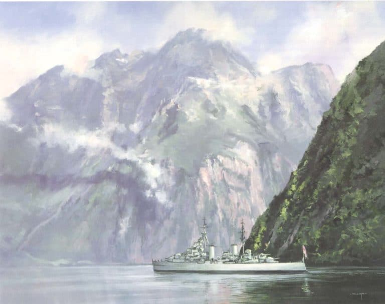 the Dido-class cruiser HMNZS Bellona (C63) underway in Milford Sound. She was loaned to the Royal New Zealand Navy from 1946-1956 by the Royal Navy. Bellona became the flagship of the New Zealand Squadron and carried out port visits, sea training, exercises and foreign deployments.