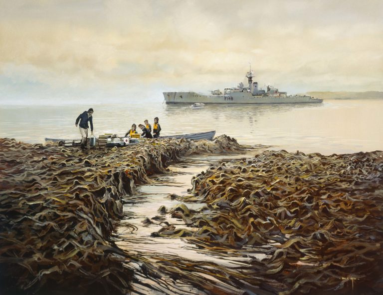 A regular task undertaken by ships of the Royal New Zealand Navy is the provision of support to scientific expeditions to the sub-Antarctic islands. The frigate HMNZS Taranaki (F148) is depicted unloading stores near Sandy Bay on Enderby Island, one of the Auckland Islands to the south east of Stewart Island. The islands are rich in sea-life, particularly seals and sea lions, and there are thick beds of kelp on the rocks. Acrylic on polymer, 1990.