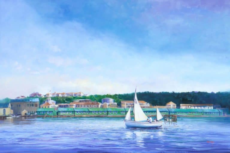 HMNZS Philomel is the main administrative naval base in Auckland. It was named after New Zealand's first war ship HMS Philomel which was part of New Zealand's naval forces during the First World War. The vessel later became a stationary training ship at Devonport's naval base. She was officially scrapped in 1946, and the name transferred to the shore establishment. In this work, Philomel is depicted in the 1940s. From this view the Naval Hospital and Officer's Mess can be seen on the hill and the Navy Chapel in the lower left corner. Oil Painting, 2002.