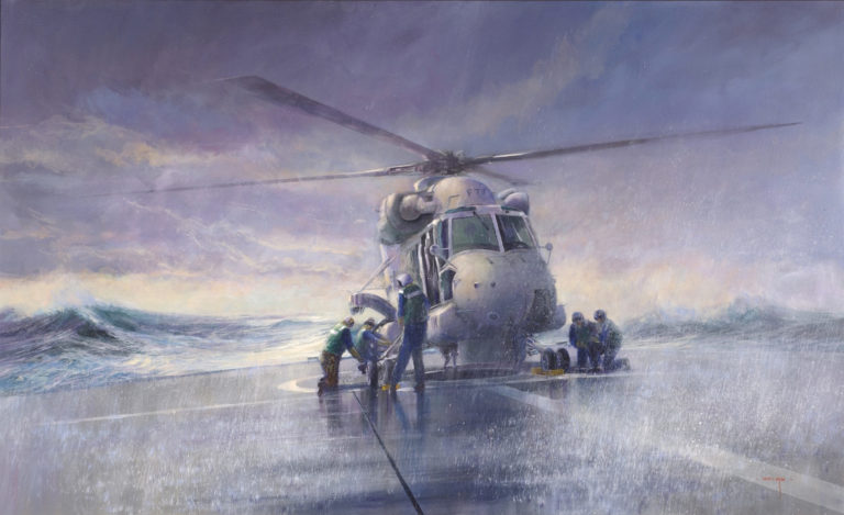 Framed painting, 2005. This work portrays a Seasprite helicopter (SH-2G) operating from an Anzac frigate. New Zealanders have been involved with naval flying since the formation of the Royal Naval Air Service in 1914 and later with the Fleet Air arm. The Royal New Zealand Navy began operating their own Wasp helicopters in the 1960s and transitioned to Seasprites in 2000. Since 2005, the RNZN's air element has been operated by No 6 Squadron of the Royal New Zealand Air Force. The Seasprites are flown by Navy aircrew and maintained by RNZAF personnel. Framed painting, 2005.