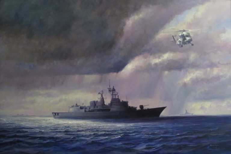 Te Kaha and Seasprite participating in a FPDA exercise in the South China Sea in 2004. Painting by Colin Wynnh China Sea HMNZS Te Kaha and Seasprite participating in a FPDA exercise in the South China Sea in 2004