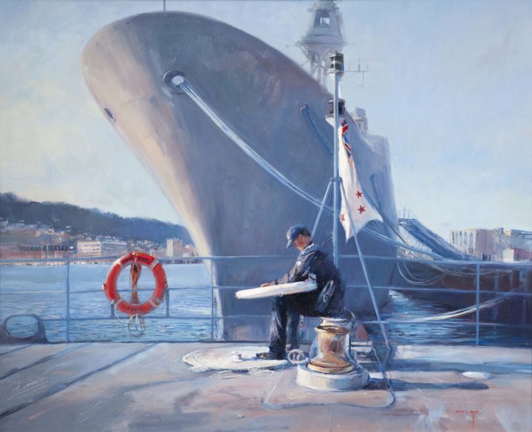 A rating sits with a lifebuoy on the deck of the inshore patrol vessel HMNZS Taupo (P3570). The bow of an unknown ship fills the background. Taupo was commissioned in 2009 and conducts maritime security patrols, surveillance, boarding operations and responds to search and rescue. Oil Painting, 2013.