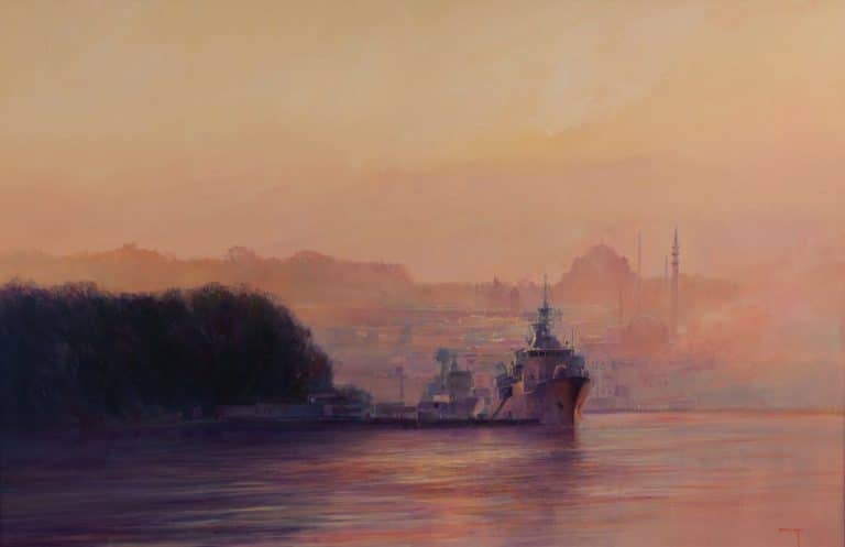 In 2015, the Anzac-class frigate HMNZS Te Kaha (F77) travelled 14,000 nautical miles to Turkey to mark the 100th anniversary of the Gallipoli landings. She sailed across the Indian Ocean, Gulf of Aden, Red Sea and through the Suez Canal in remembrance of the ANZAC soldiers and seamen who had served 100 years before. Te Kaha joined Australian, British, French and Turkish war ships that had gathered together for the event. Oil painting,