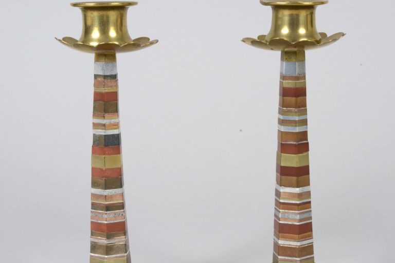 GBA-0001-Pair-of-Candlesticks1 Pair of Candlesticks made by Stoker A.E. Bassett from nuts and other engineering spares whilst serving in HMS Europa during World War One.