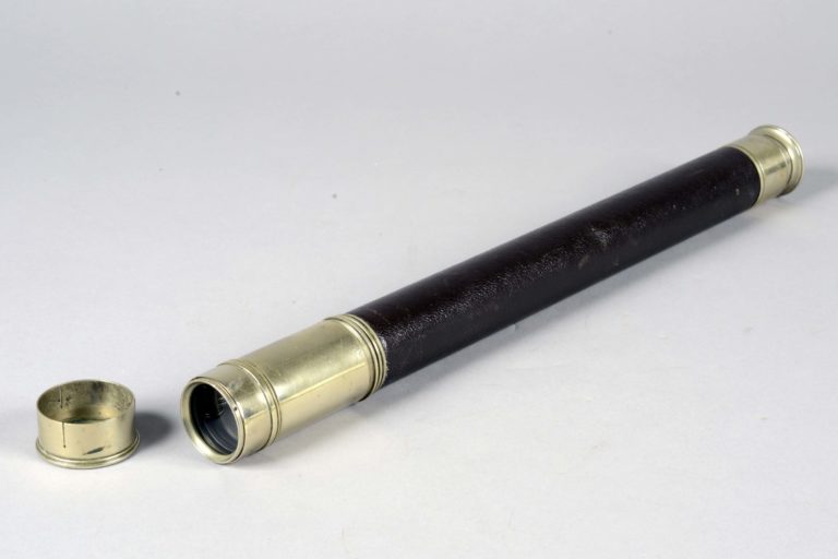 Telescope with leather bound body belonging to Lieutenant Bruce. Engraved on the sliding bar are the words: ‘D.F.F. Bruce’. Lieutenant Bruce was the Navigation Officer on the Cable Ship Iris.