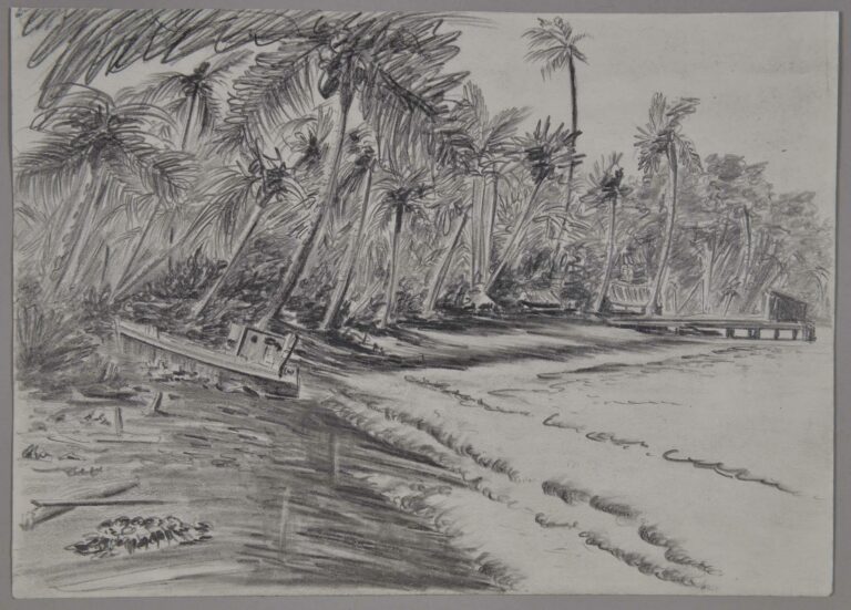 Pencil drawing of a Japanese barge on Koli Point Beach, 1943, by Miles Spence.