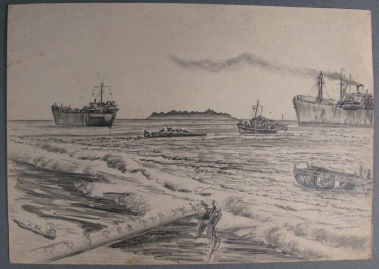 Pencil drawing of vessels at sea off Koli Point, Guadalcanal, 1943, by Miles Spence.