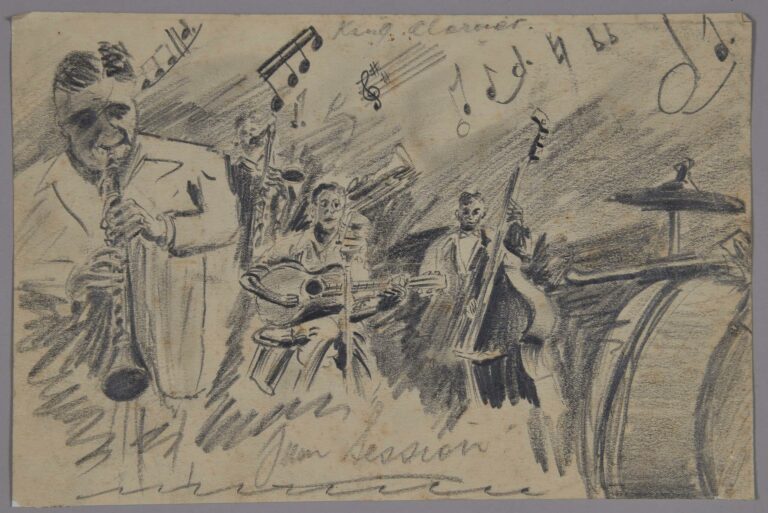 Pencil drawing of musicians, artist Miles Spence is depicted playing the clarinet.