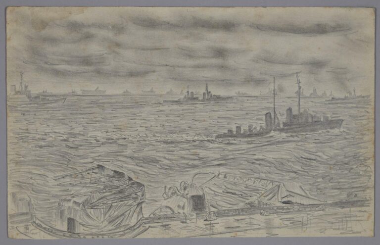 Pencil drawing of the American 7th Fleet off the coast of Okinawa, date unknown, by Miles Spence.