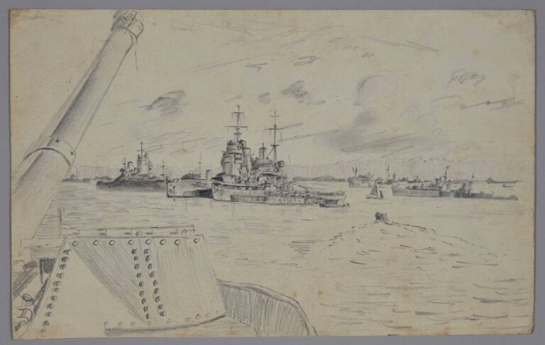 Pencil drawing of ships in Leyte Harbour, Philippines, 1945, by Miles Spence.