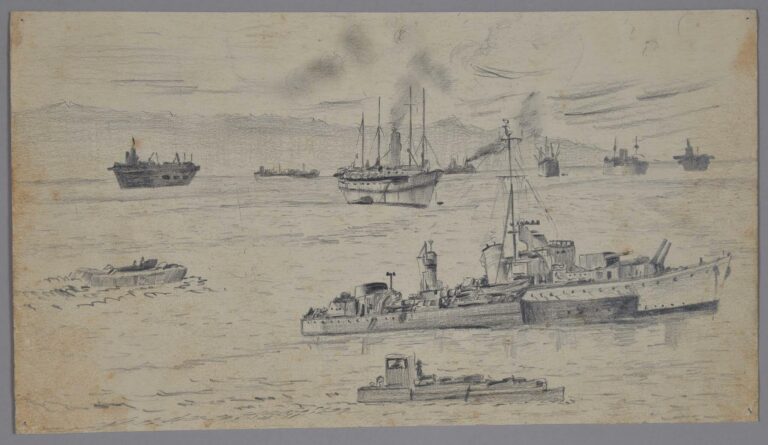 Pencil drawing of ships at sea, 1945, by Miles Spence.