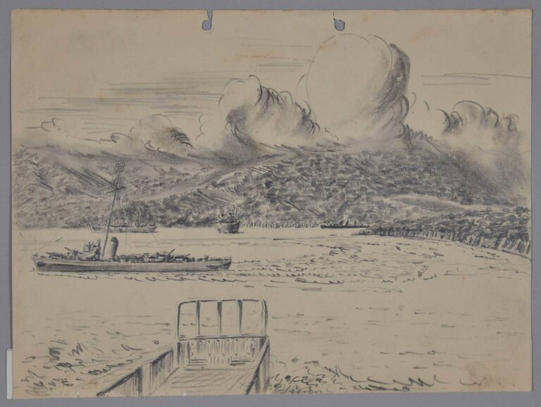 Pencil drawing of a coastal view of Advanced Naval Base Espiritu Santu, Vanuatu, 1944, by Miles Spence.