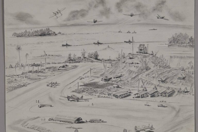 Pencil drawing of a signal station on New Georgia Island, Solomon Islands, date unknown, by Miles Spence.