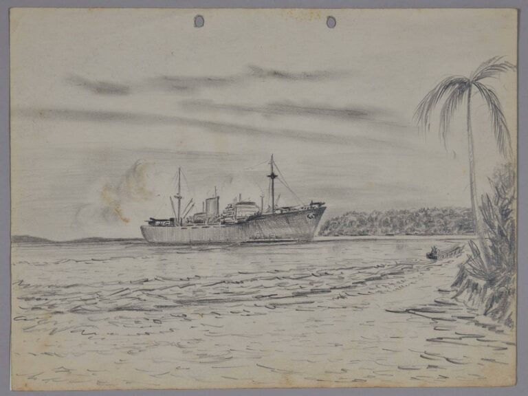 Pencil drawing of Merchant Cargo ship, Weltevreden, 1943, by Miles Spence.