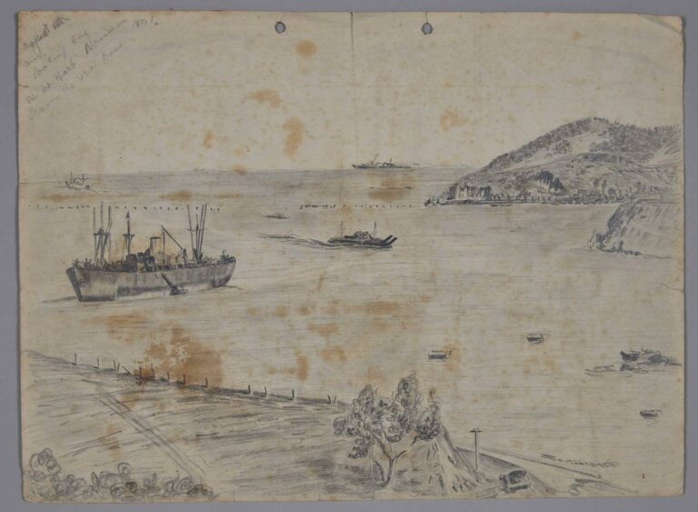 Pencil drawing of the harbour view from a US Navy base in New Caledonia, date unknown, by Miles Spence.