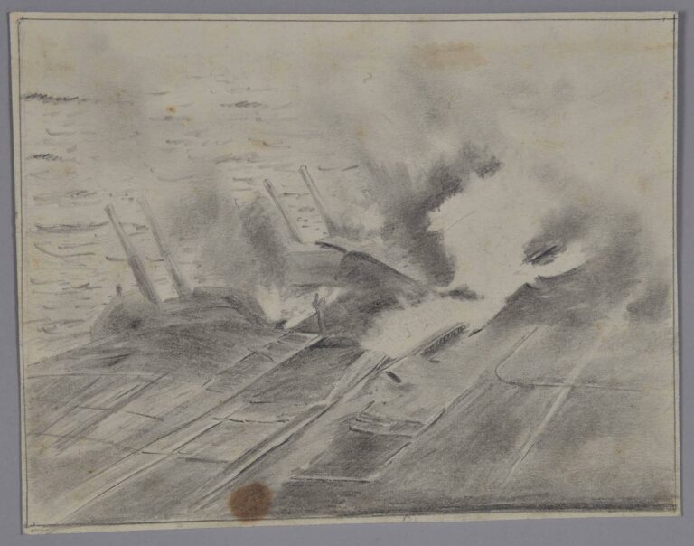Pencil drawing depicting bomb damage to HMS Victorious, 1945, by Miles Spence.