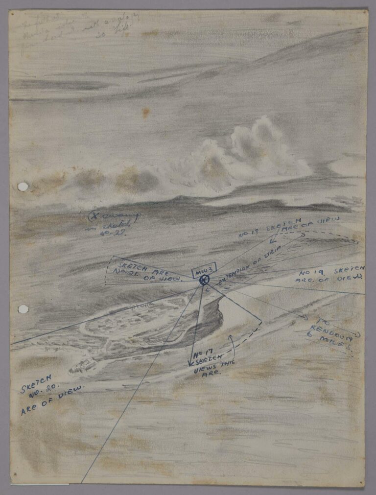 Pencil drawing of operational information for a radar at Munda Airstrip, New Georgia Island, Solomon Islands, 1943, by Miles Spence.