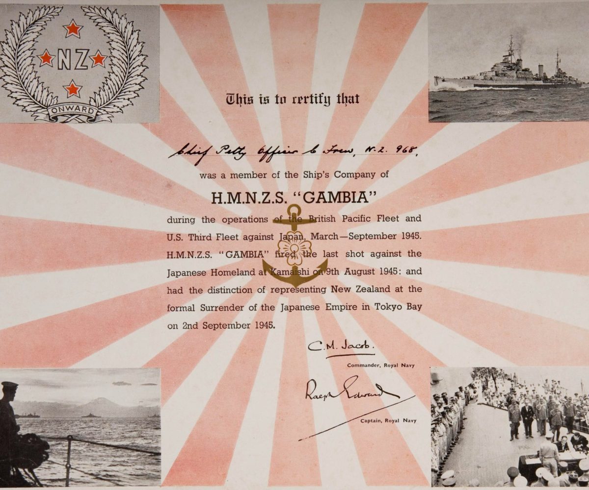 PTJ 0008 Gambia certificate This certificate was awarded to Chief Petty Officer Frew who was serving on board Gambia during the final operations against Japan. The certificate attests his attendance during the formal surrender.