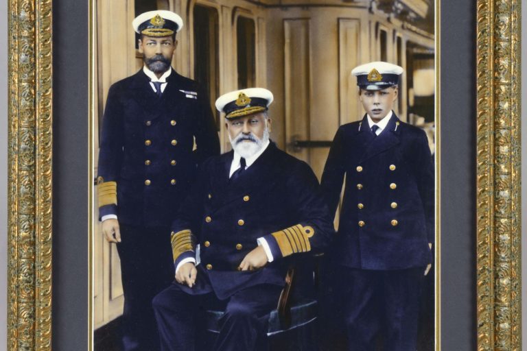 kings1 Hand-coloured framed photo of King Edward VII, his son, and grandson.